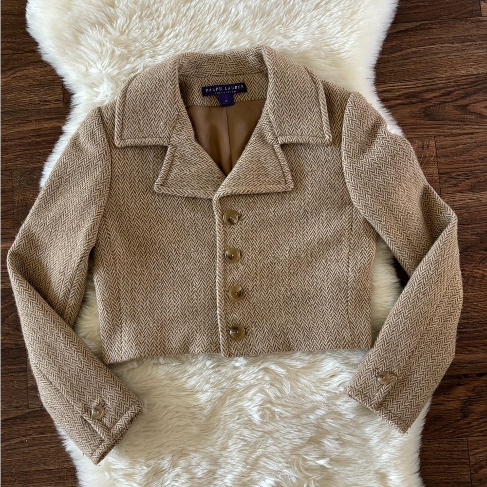 Ralph Lauren Purple Label Cropped Wool Cashmere Herringbone Blazer Jacket - Picture 3 of 15